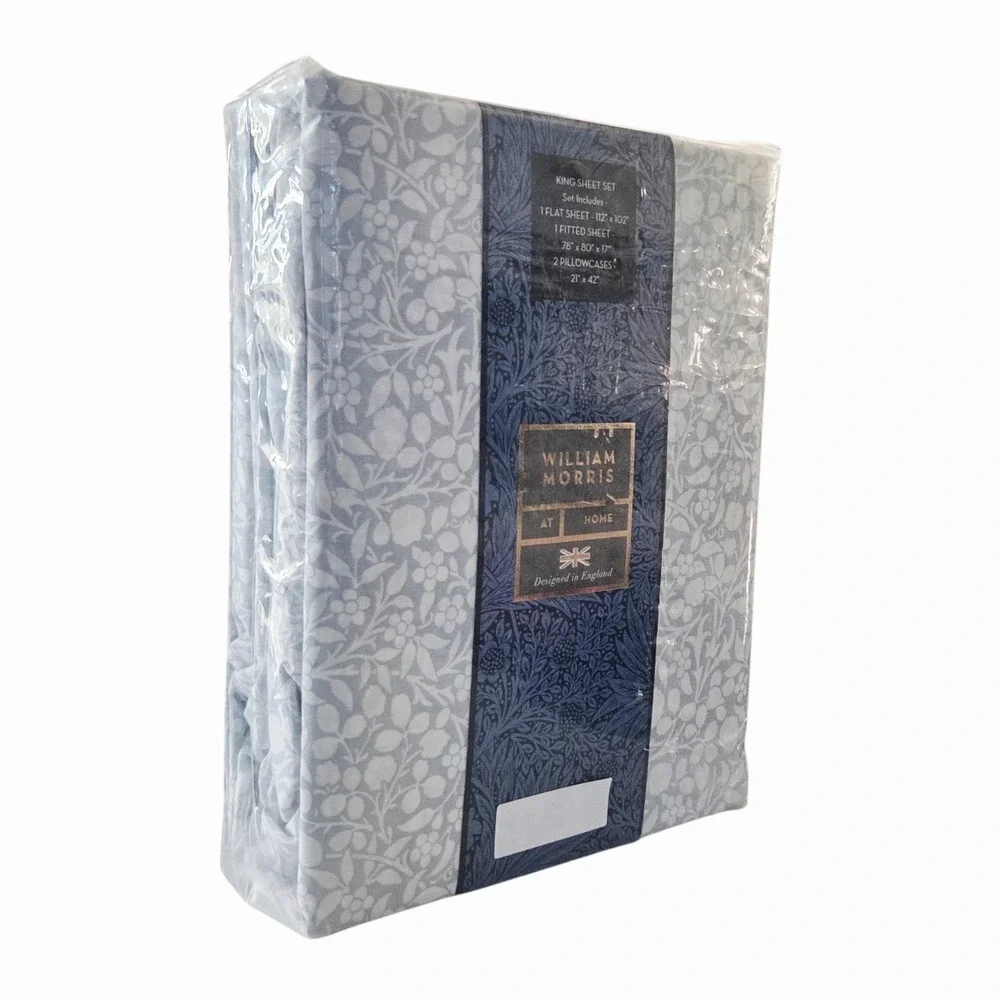 William Morris Cotton Percale Floral King Sheet Set of 4 Tonal Clover Soft Blue